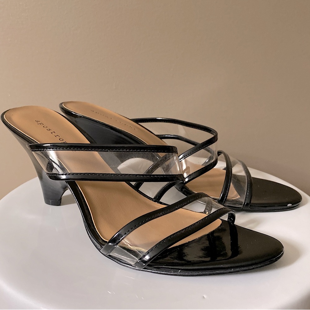 APOSTROPHE DOUBLE STRAP SLIP ON SANDALS Clear Black 9.5